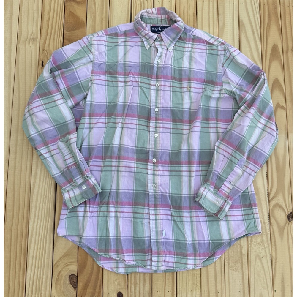 Polo Ralph Lauren Mens Large PINK PLAID LOGO PREPPY OXFORD CLASSIC PASTEL *READ* - Picture 2 of 11